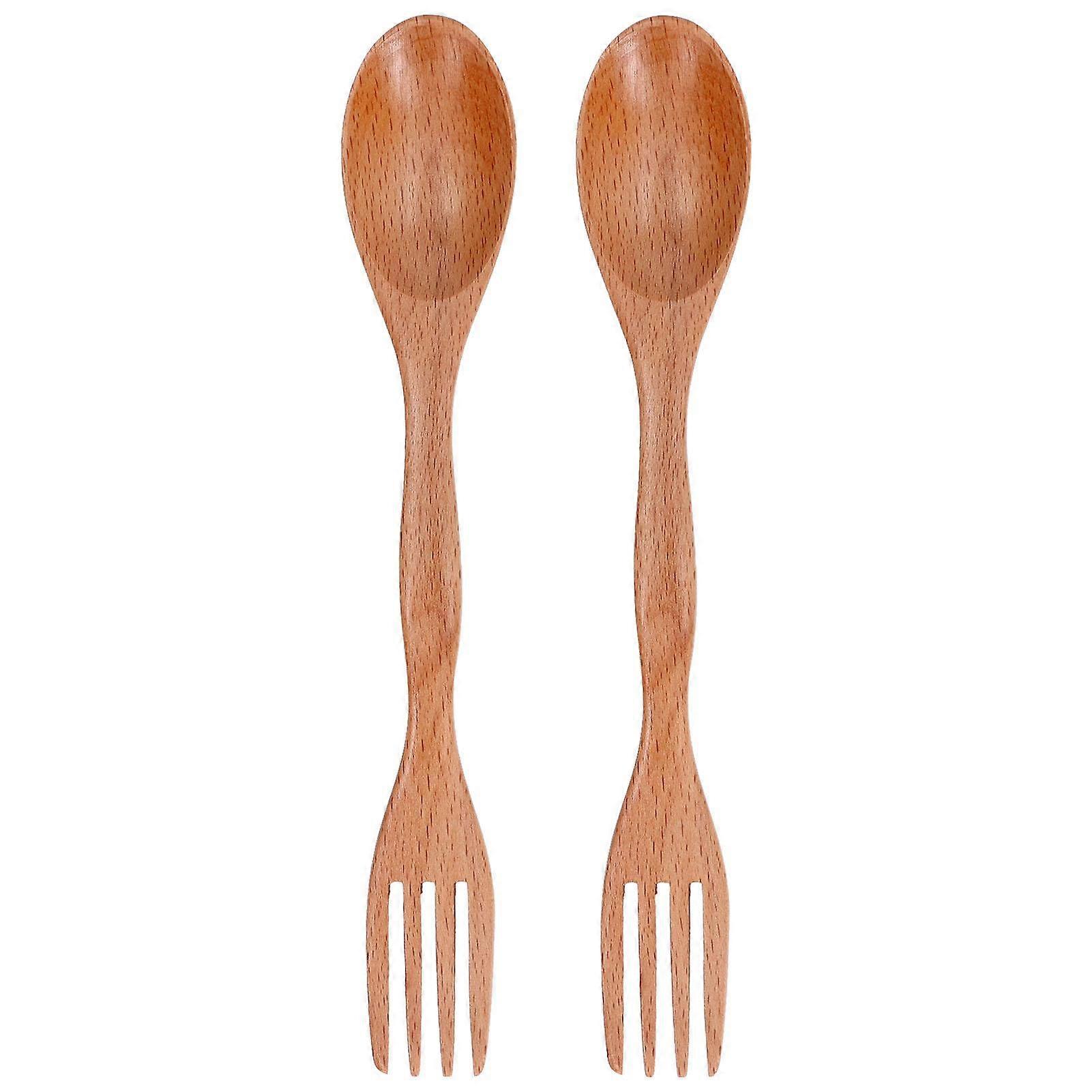 2 Pcs Beech Wood Spoon Fork Dual Purpose Wooden Tableware Dessert Spoon Fork Set