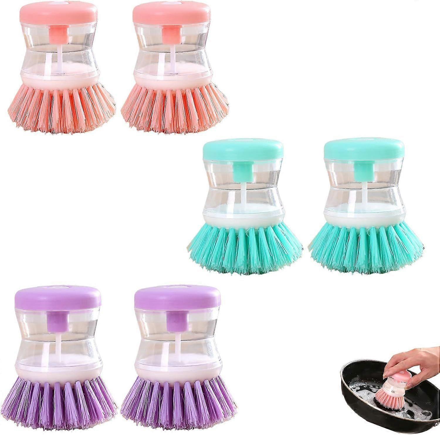 6 PCS Dish Brush with Soap Dispenser, Two in One Multifunctional Design Washing