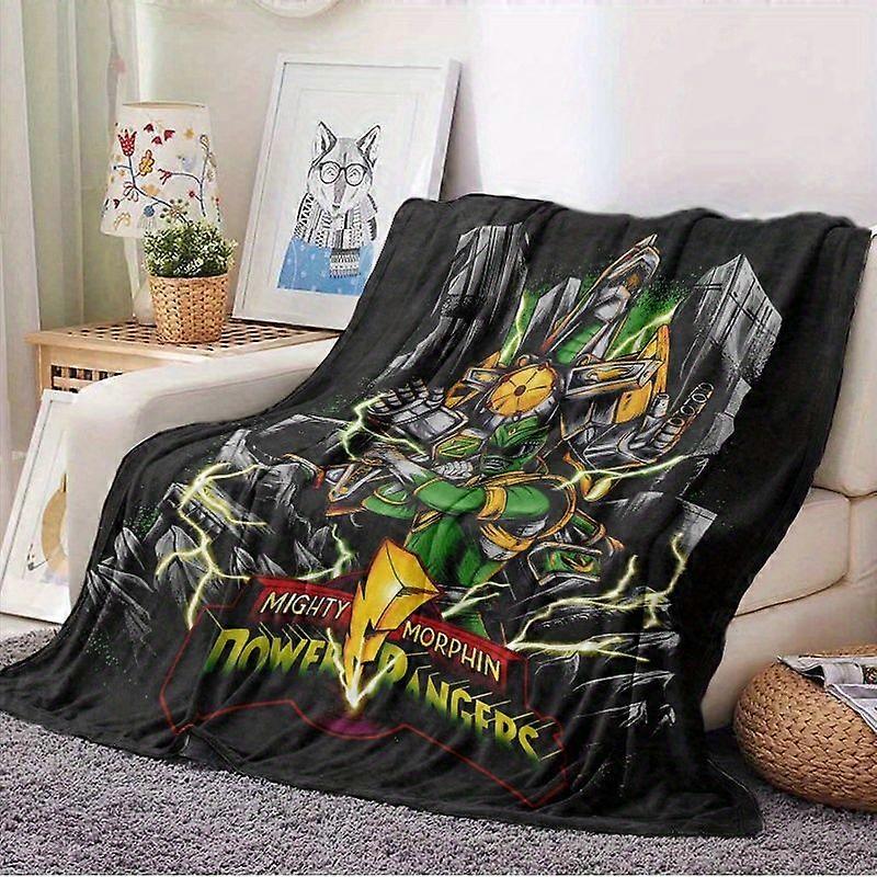 Mighty Morphin Power Rangers Flannel Blanket - Green & Black Anime-Style Print, Soft Polyester Knit, Perfect for Sofa, B-LKJAS117