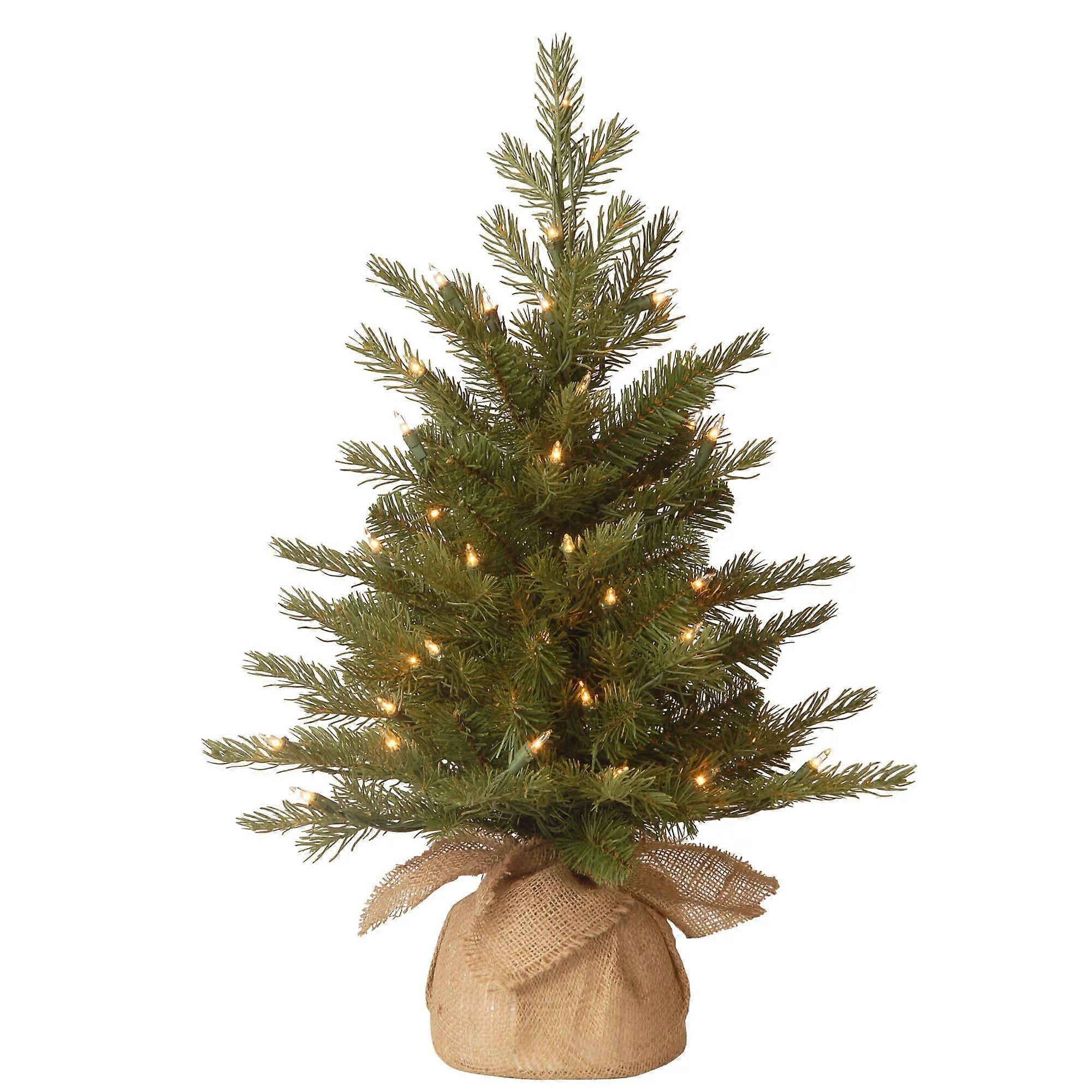 2ft Pre-lit Artificial Mini Christmas Tree with LED Lights, Battery Operated Xmas Pine Tree, Burlap Base for Table Decor