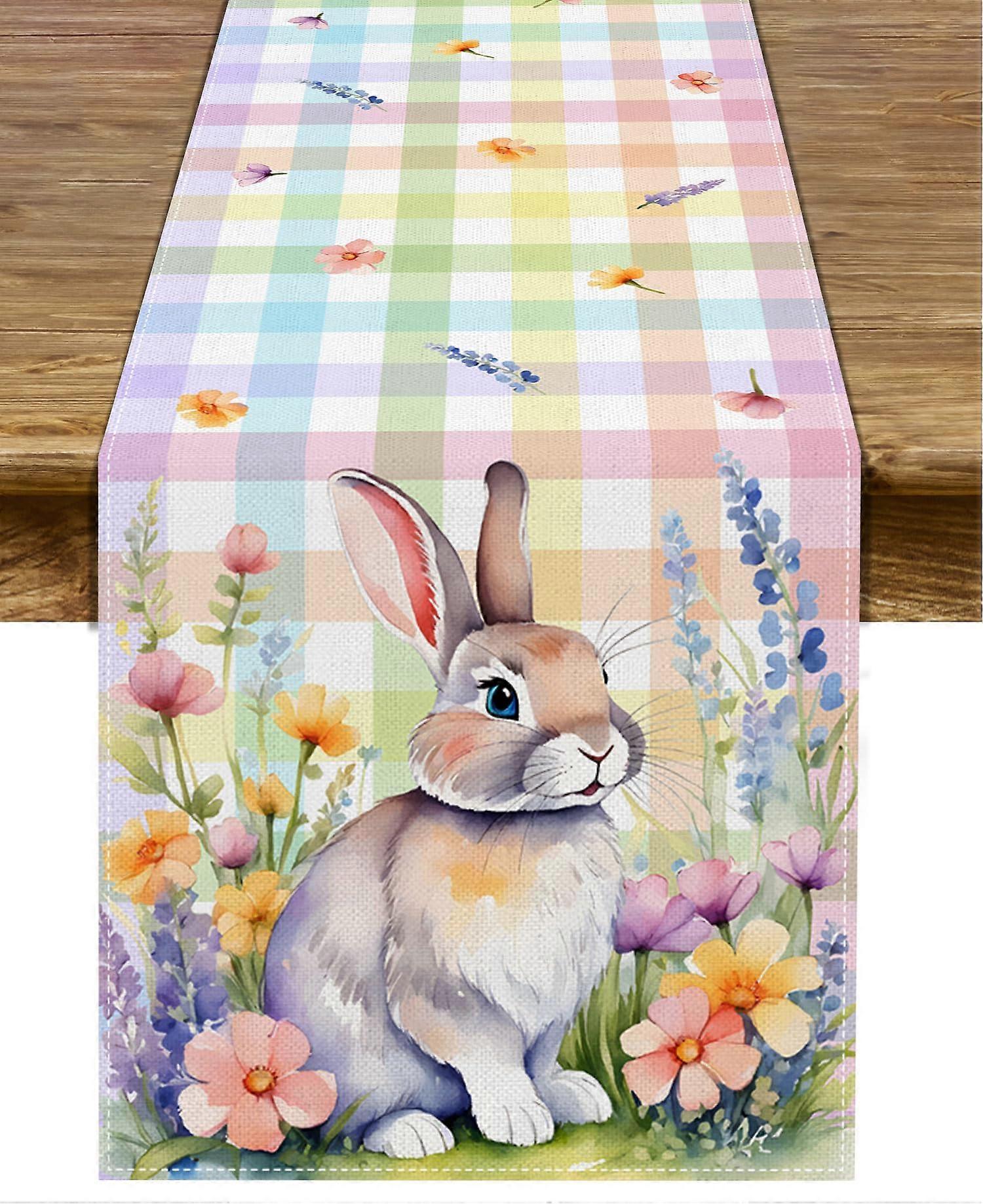 Easter Table Runner Buffalo Check with Bunny Design Rustic Linen Farmhouse Spring Decoration