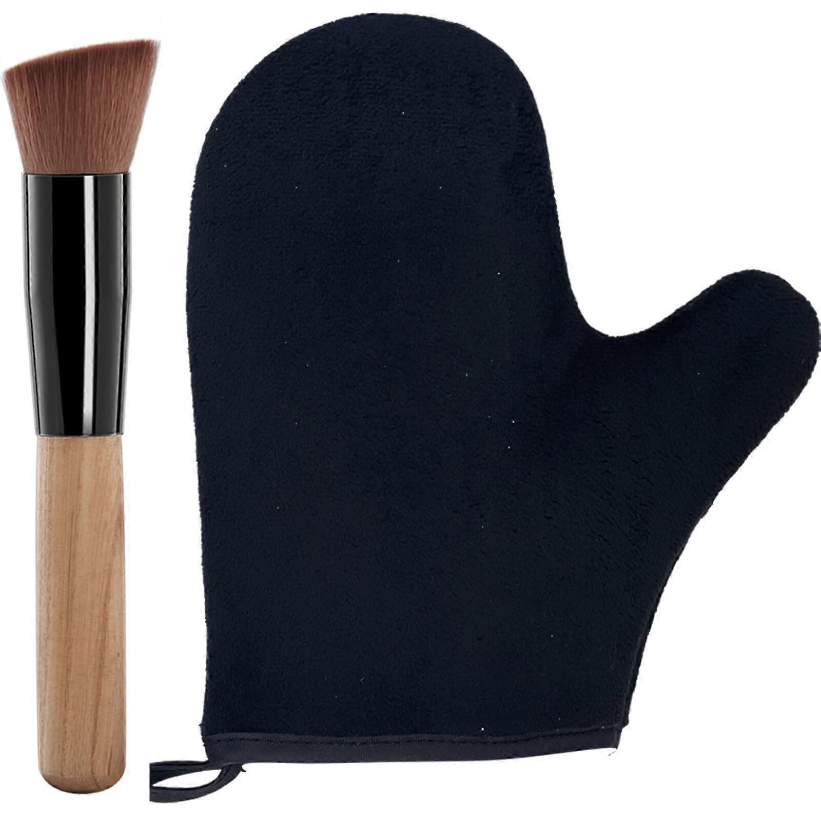 2 Piece Self Tanning Mitt and Brush Set, Reusable Applicator Glove for Streak Finish, Black