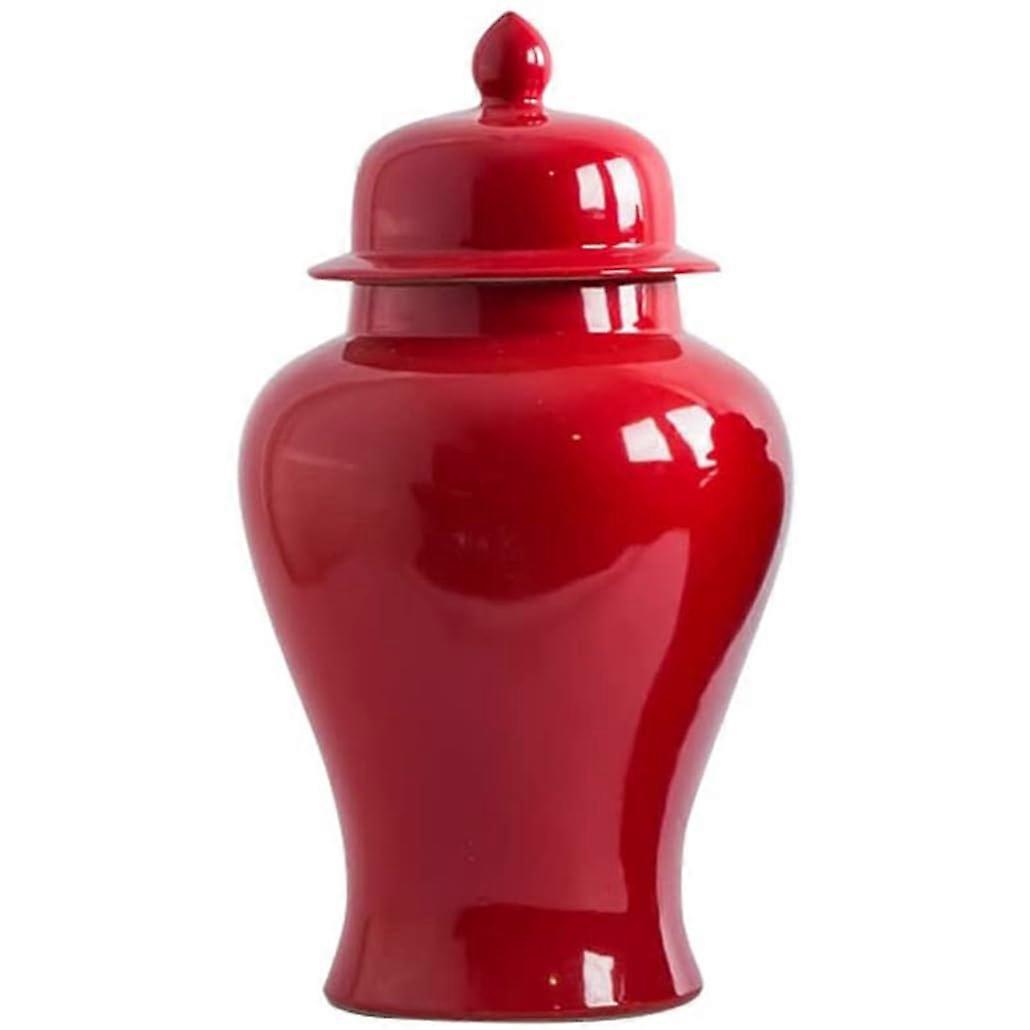 Red Ceramic Ginger Jar with Lid  Chinese Style Porcelain Vase for Elegant Home Décor