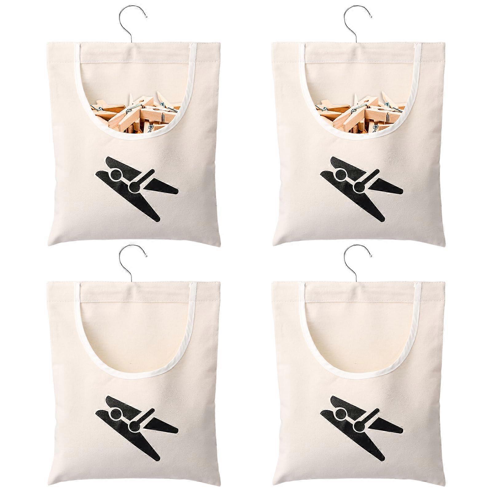4 PCS Cotton Canvas Clothes Peg Bags with RustResistant Hooks, Large Opening Laundry Organizer
