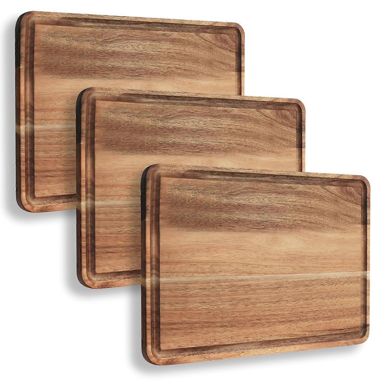 Acacia Wood Cutting Board Set with Juice Groove for Cheese Fruits Vegetables, Durable 3Pack