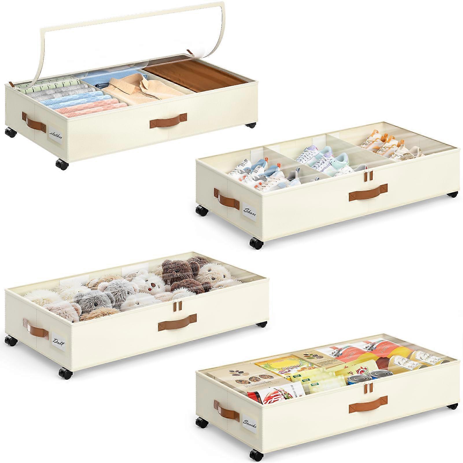 Under Bed Storage Containers with Wheels 4 Pack, Adjustable Dividers, Clear Lid, Beige Organizer