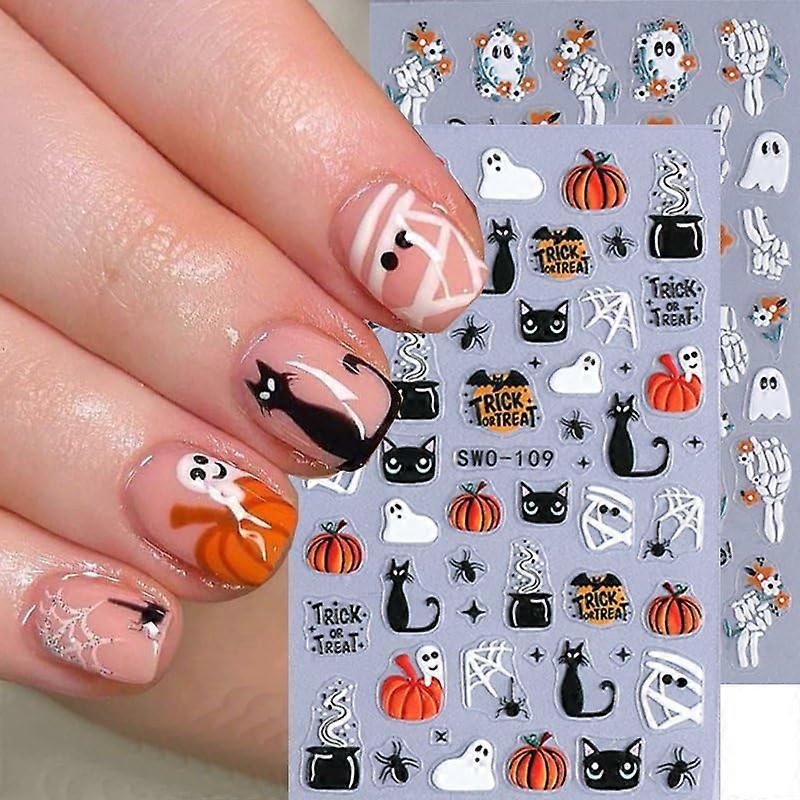 Halloween Nail Stickers 3D Embossed Ghost Pumpkin Decals Self Adhesive Long Lasting 2 Sheets