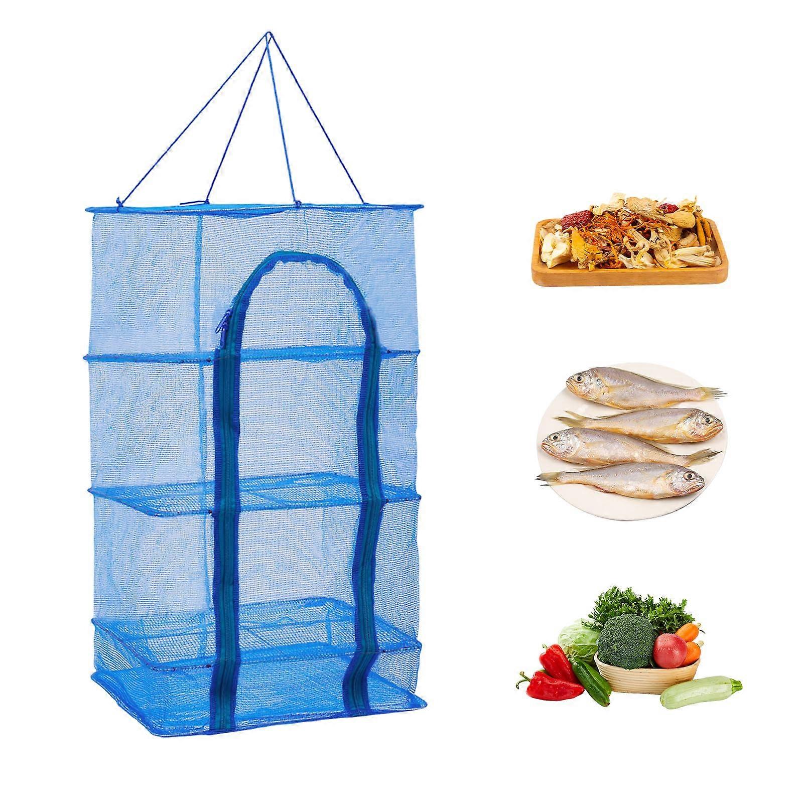4 Tier Foldable Hanging Drying Rack Mesh Net with Zipper for Fish Vegetables Clothes Herbs