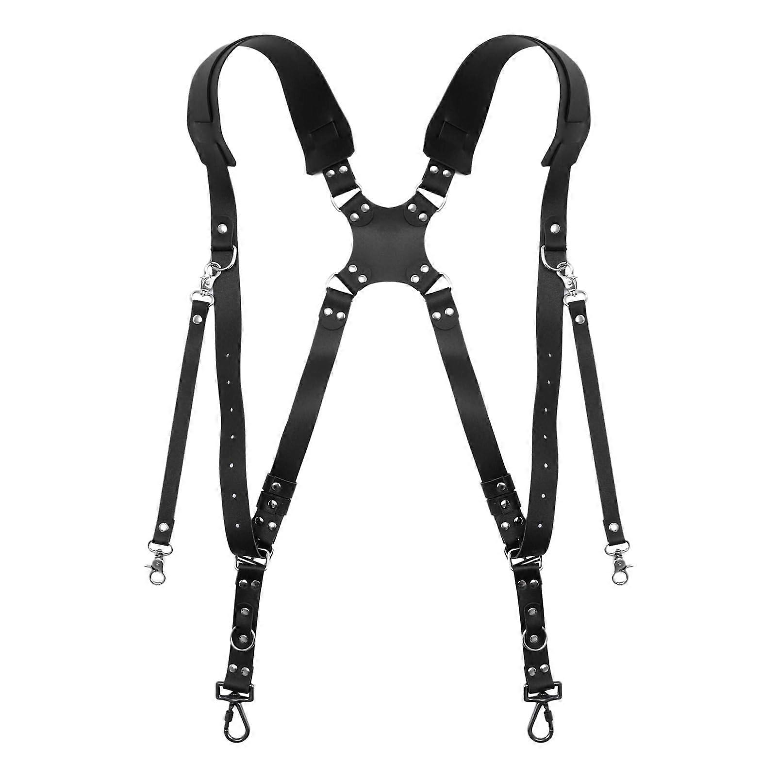 Camera Harness Strap Double Shoulder Adjustable PU Leather Black with Trendy Rivet Design