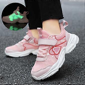 Pinke Kinder-Sportschuhe mit Herzchenmuster und Leuchtdetails, Schnürung und Klettverschluss, geeignet für Kinder von 9 bis 9,5 Jahren