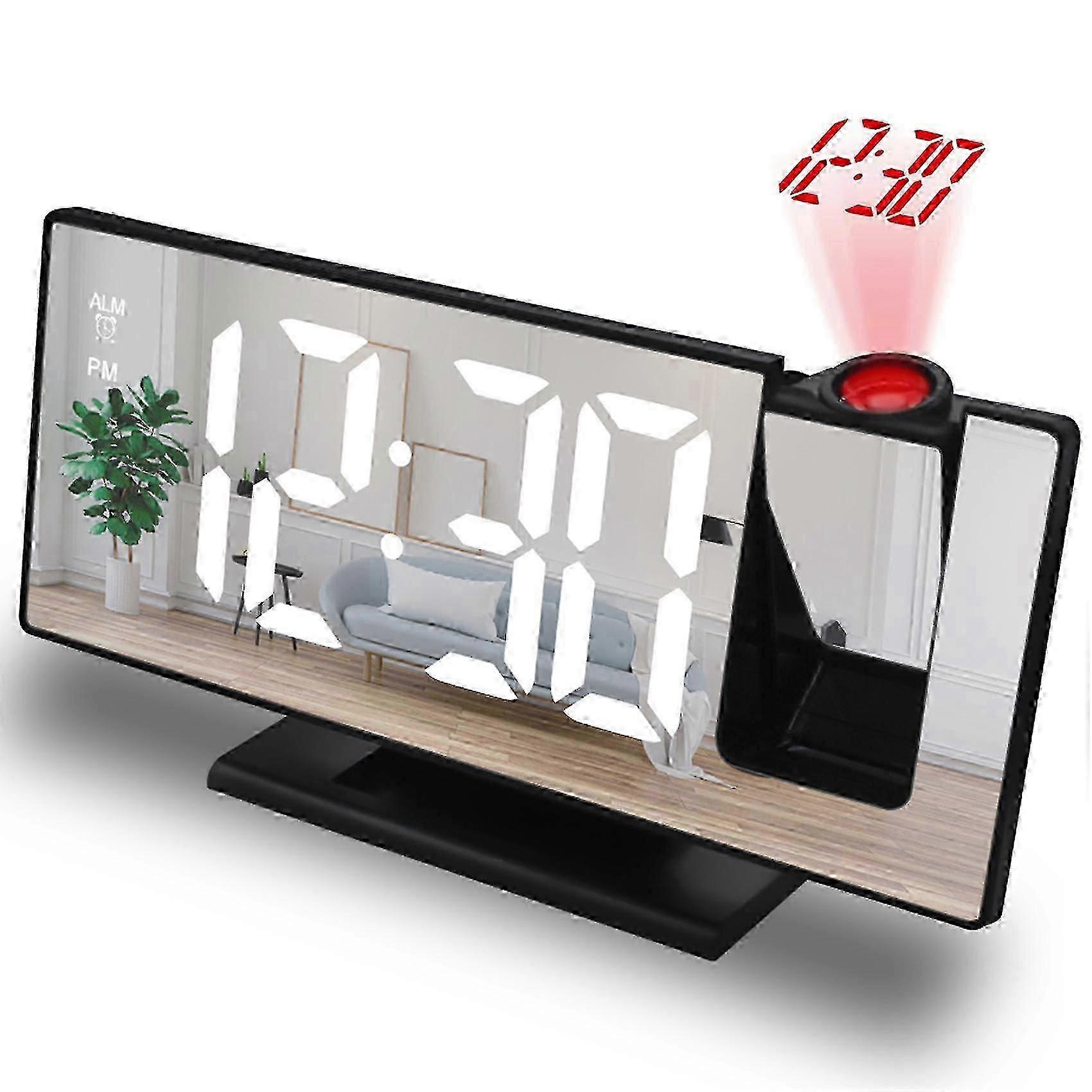 Despertador digital com projeção, tela espelhada maior de 7,3 polegadas, relógio LED com temperatura, função soneca e dimmer.