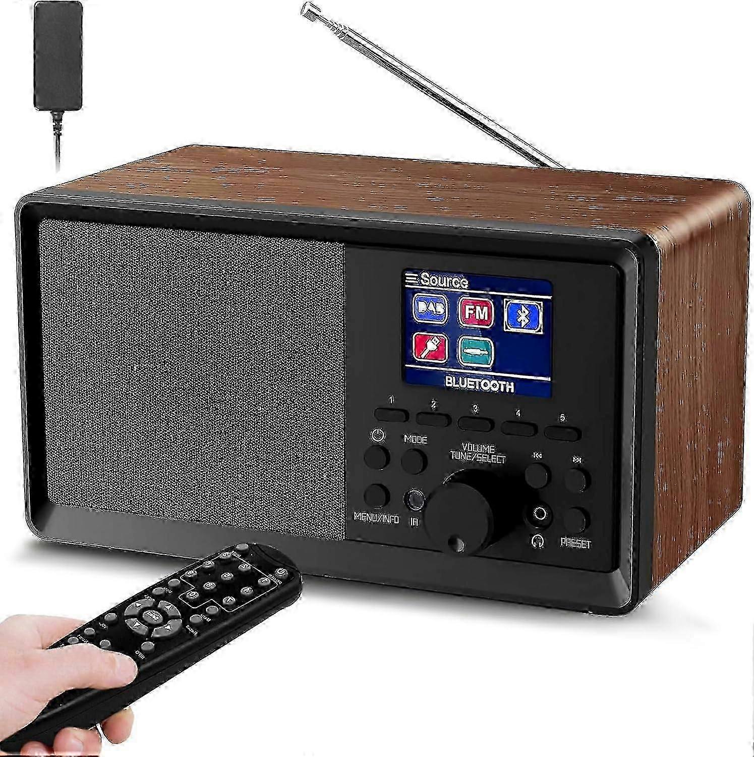 Radio DAB 2025 cu telecomandă - Radio DAB Plus cu Bluetooth, DAB+/FM - Retro - Lemn - Radio digital de bucătărie - Radio cu ceas cu alarmă cu Dual Ala