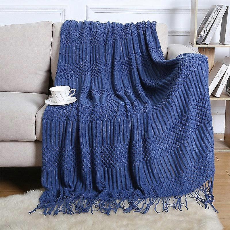 Textured Throw Blanket Solid Soft For Sofa Couch Decorative Knitted Blanket, Navy