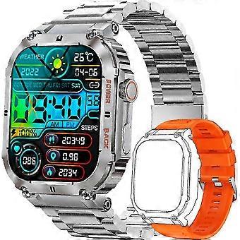 Reloj inteligente táctico militar para hombre, pantalla HD de 1,96 pulgadas, llamadas Bluetooth, monitor de frecuencia cardíaca y saturación de oxígeno (SpO2), batería de 30 días, color plata.
