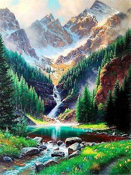 Tree Green River Waterfall Diamond Art Kit Full Drill