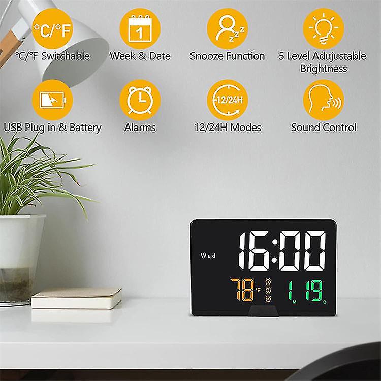 Sveglie digitali per camere da letto, orologio del calendario colorato rgb con data, temperatura, 3 sveglie, plug-in grande display Day Clock batteria di backup, 4 dimmer, 1