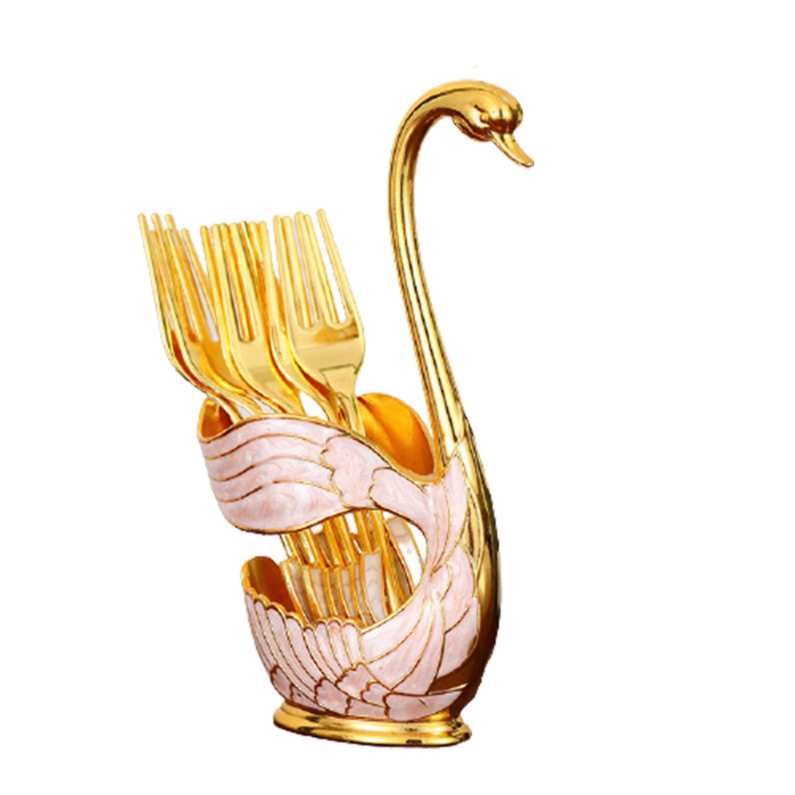 Metal Coffee Dessert Dinnerware Set with 6 Forks/ Spoon Swan Shape Storage Rack for Fruit Stirring