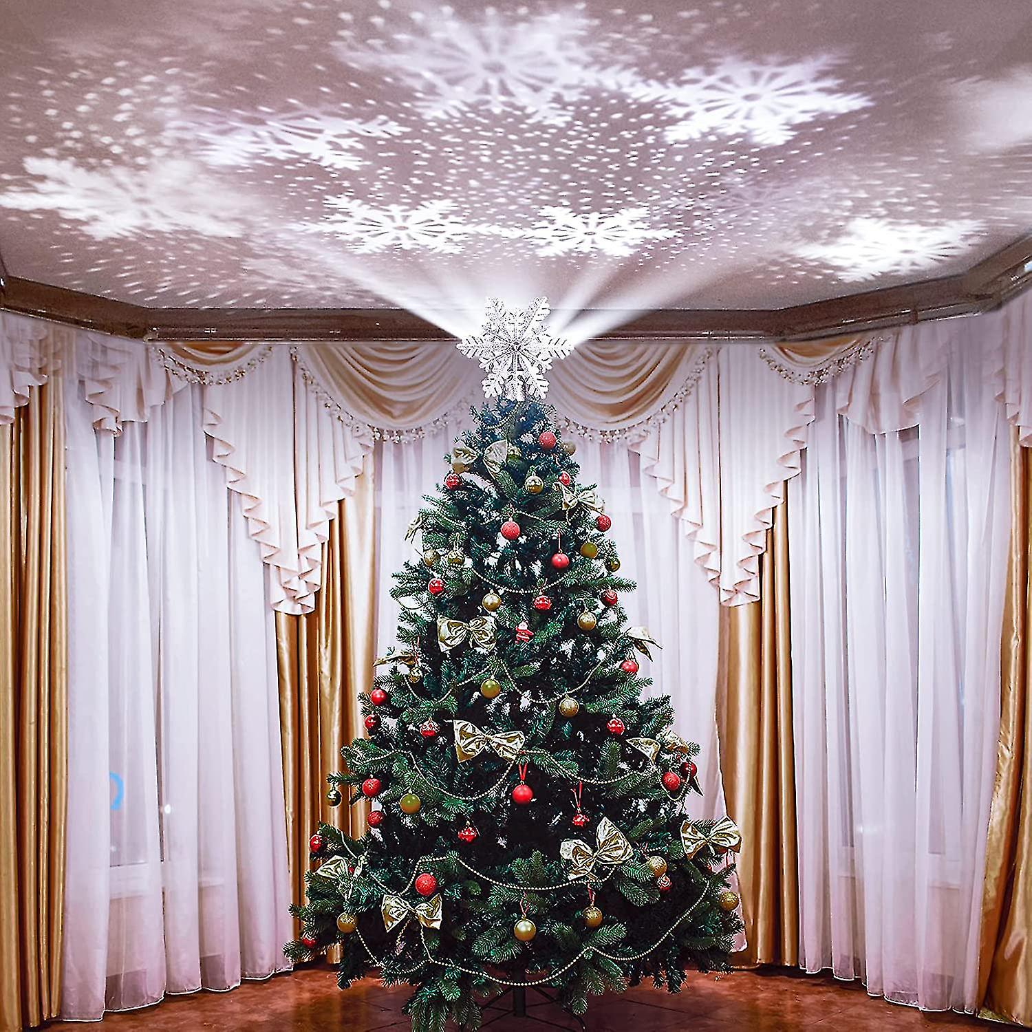 Christmas Tree Topper Light With Rotating Led Projector ,3d Hollow Snowflake Christmas Tree Topper Hao