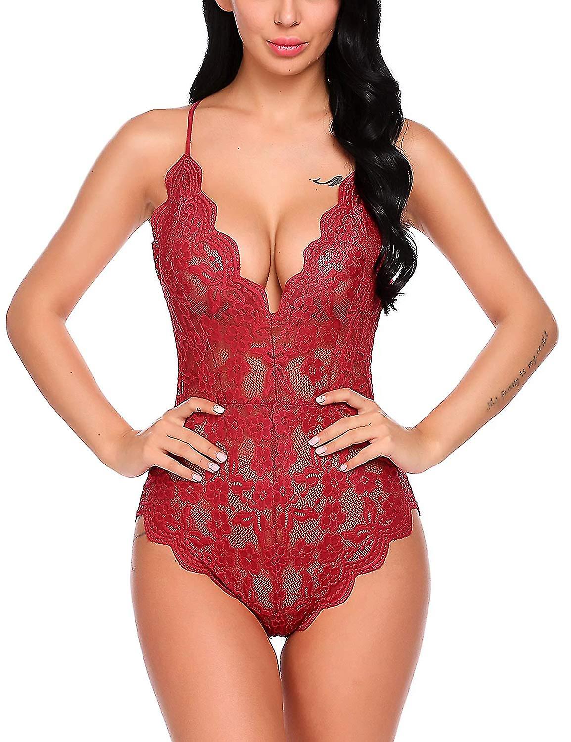 Rote Spitze Hohlgewebte Blume Einteiliger Pyjama