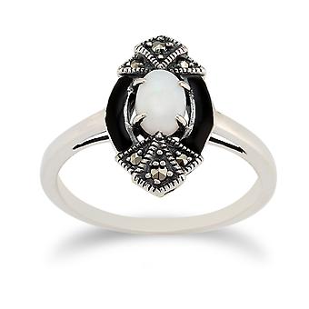 Art Deco Style Oval Opal, Marcasite & Black Enamel Marquise...