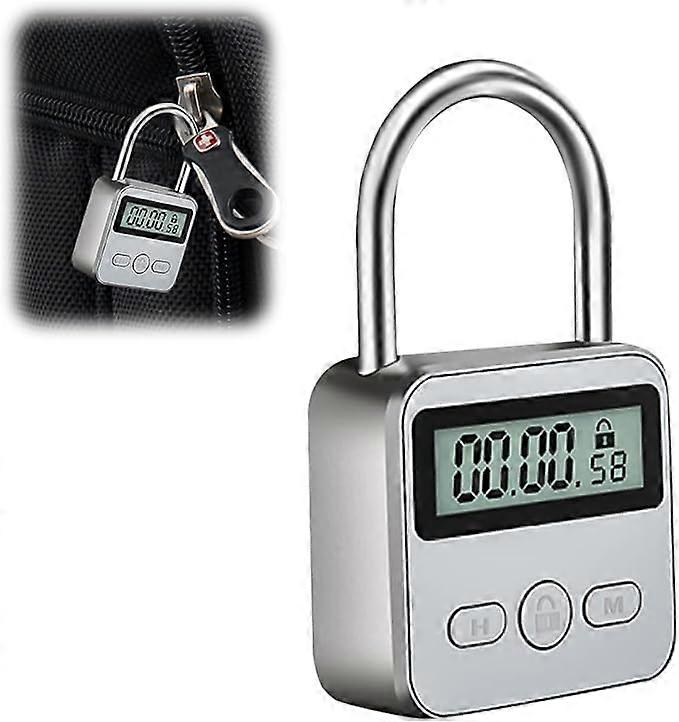 Display Lock, Suitcase Padlock with LCD Screen, USB Rechargeable Padlock Code Timer Lock, to Prevent Bad Habits (Silver)