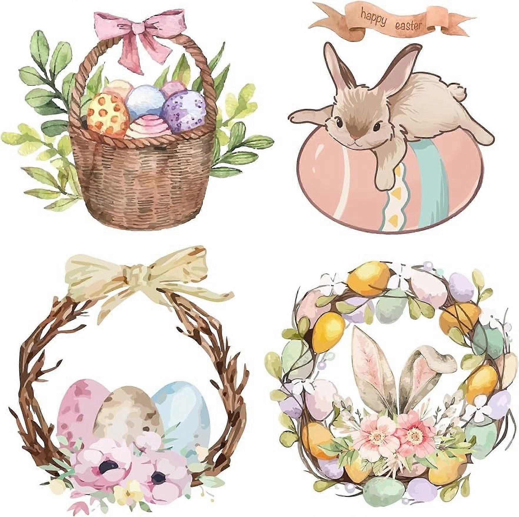 4Styles Rabbit Window Clings Easter Static Glass Stickers Rabbit Egg Flowers Pattern Round Decorative Decals Film
