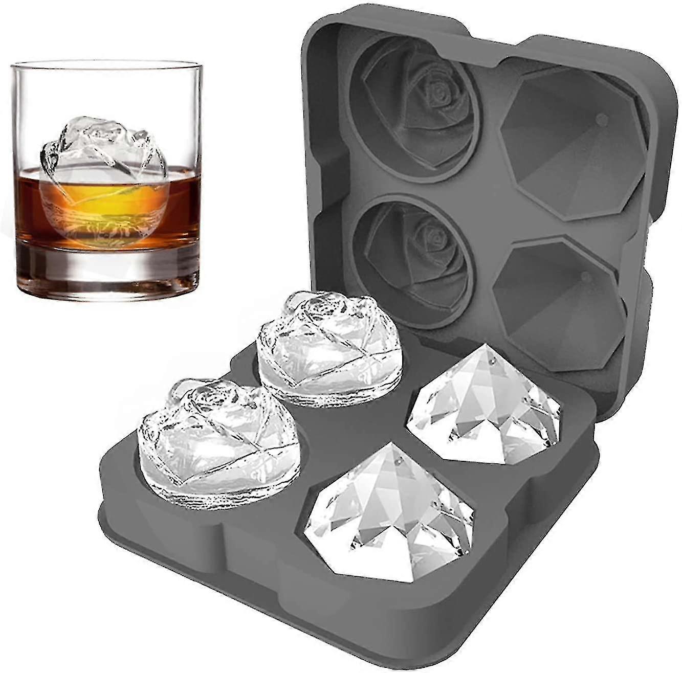 Silicone Ice Cube Tray Molds, 2 Cavity Rose & 2 Diamond Shape Ice Ball Maker