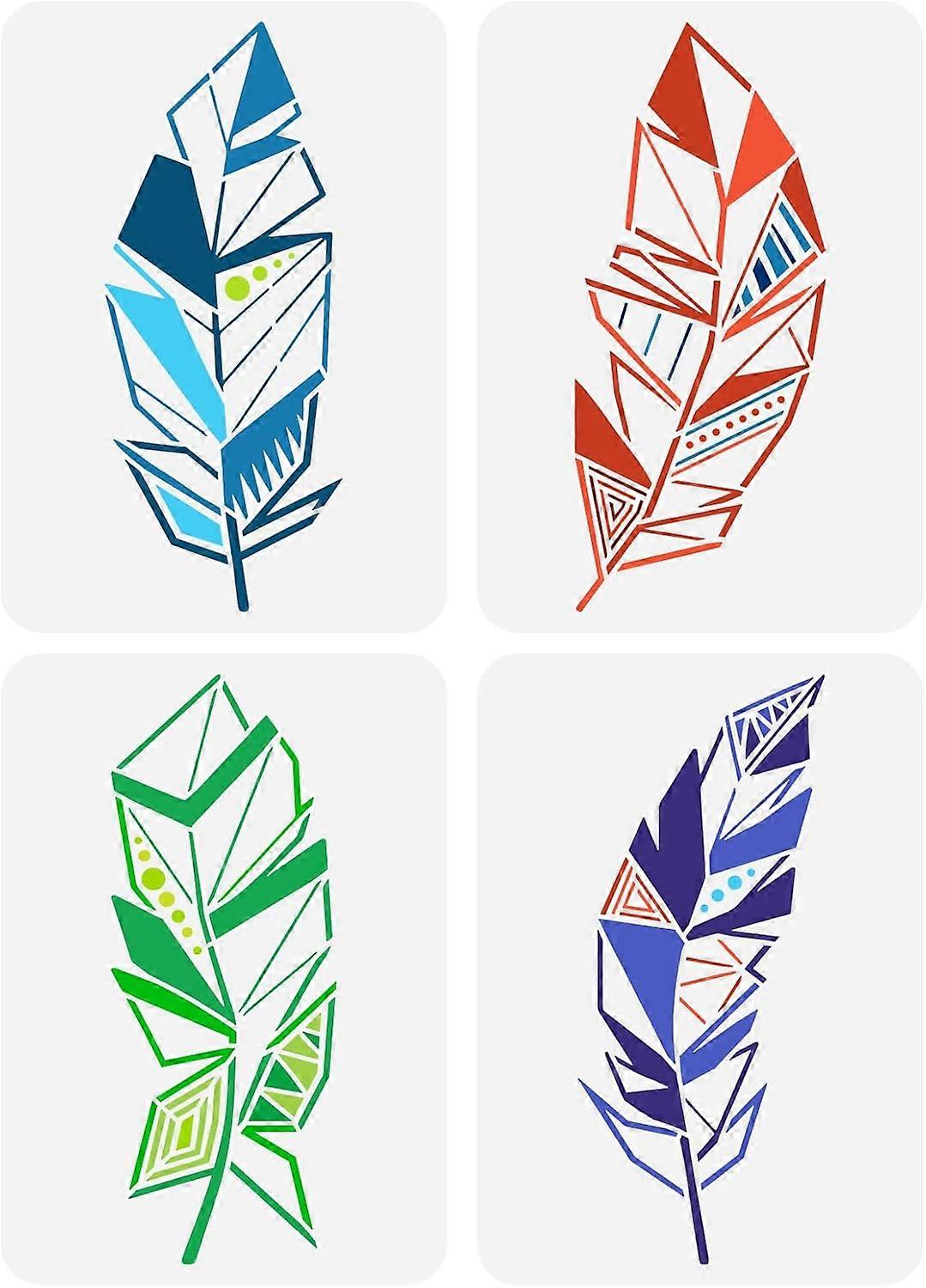 4 Pcs Feather Stencil 11.7x8.3 inch Geometric Feather Painting Stencil Plastic Feather Pattern Template Sets Reusable DIY Art and Craft Feather Stenci