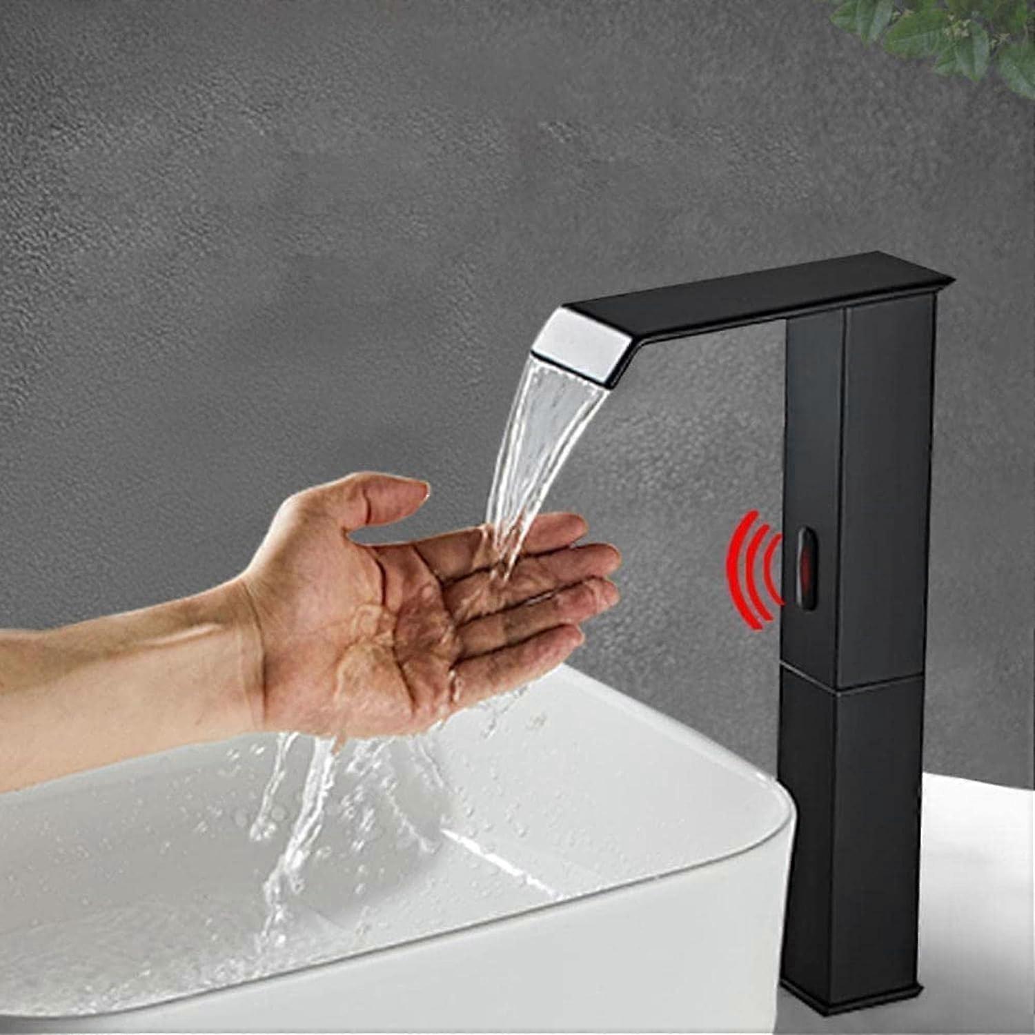Robinet de lavabo Robinet de lavabo sans contact Noir Mélangeur de lavabo automatique Mitigeur en cascade Robinet de lavabo de salle de bain pour lavabo-eau froide