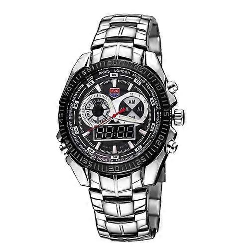 TVG Round Dial Glass Watch Window Luminous & Alarm & Week Display Function Quartz + Digital Double Movement Men Watch with Alloy Band