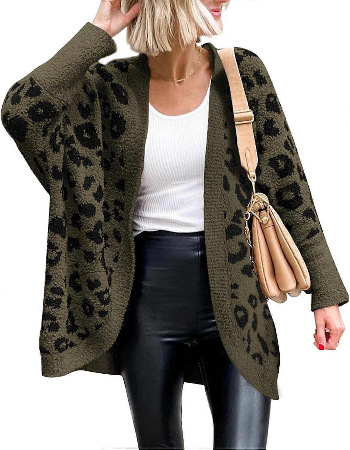 Mode för Kvinnor Leopard Print Långärmad Tröja Cardigan Löst Stickad Öppna Front Höst Vinter Ytterkläder Kappor