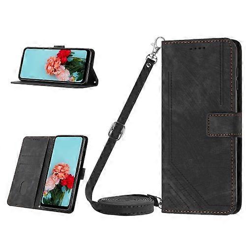 For iPhone 15 Skin Feel Stripe Pattern Leather Mobile Phone Case with Lanyard