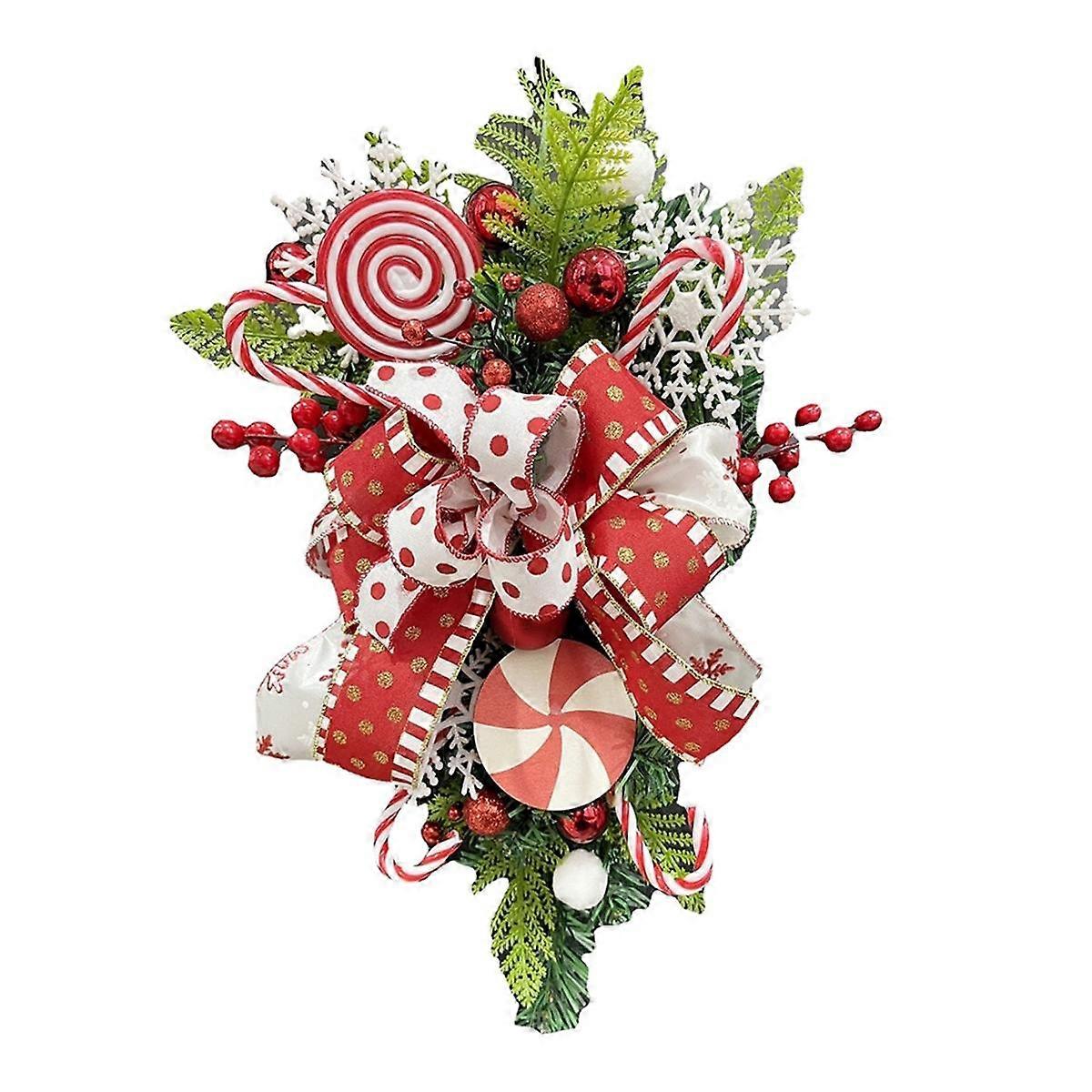 Christmas Teardrop Floral with Candy Bow and Red Berries, Hanging Christmas Teardrop Wreath Artific