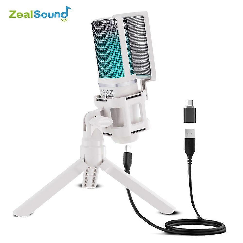 Zealsound USB Condenser Recording Microphone White RGB Streaming Mic For PC And Mac with Android Phone Adapter Headphone Output
