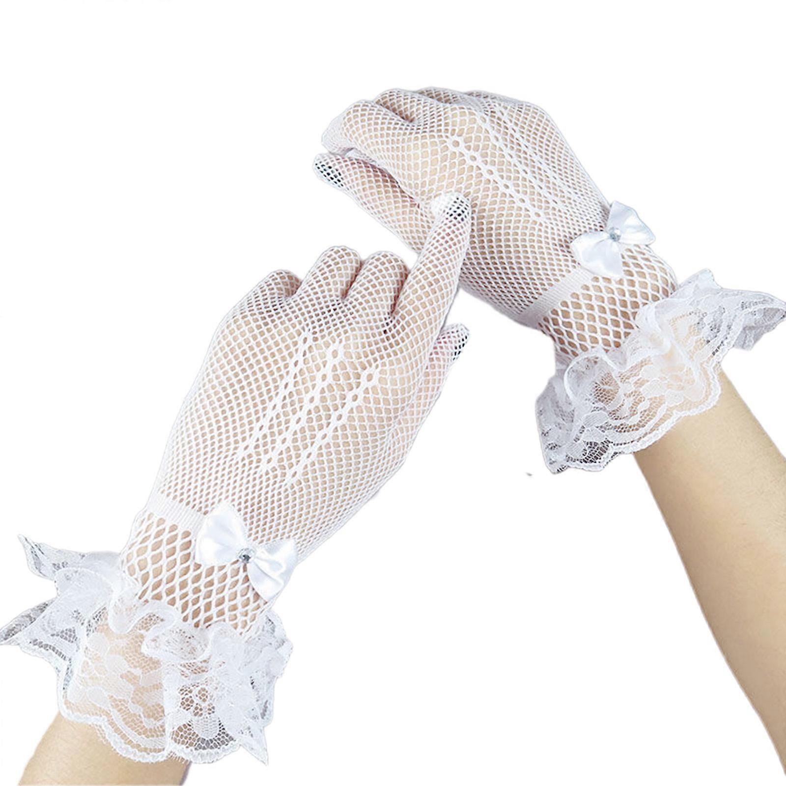 Women Fishnet Gloves with Pleated Cuff Fish Net Mesh Short Lace Elegant Gloves