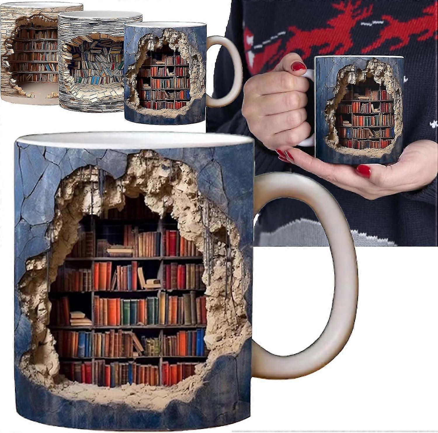 3d Bookshelf Mug, 3d Effect Books Mugs, Creative Space Design Multi-purpose Ceramic Mug, Coffee Mug Gift For Book Lovers
