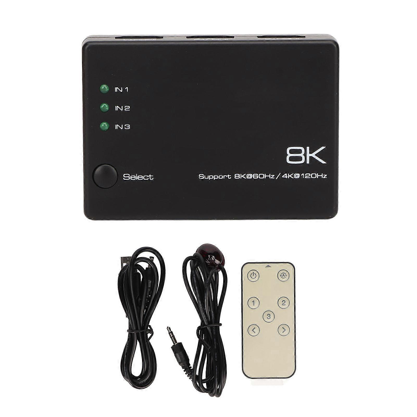 8K HD Switcher 3 In 1 Out 40Gbps Fast Stable Remote Control Plug and Play HD Multimedia Switcher for TV Projector PC