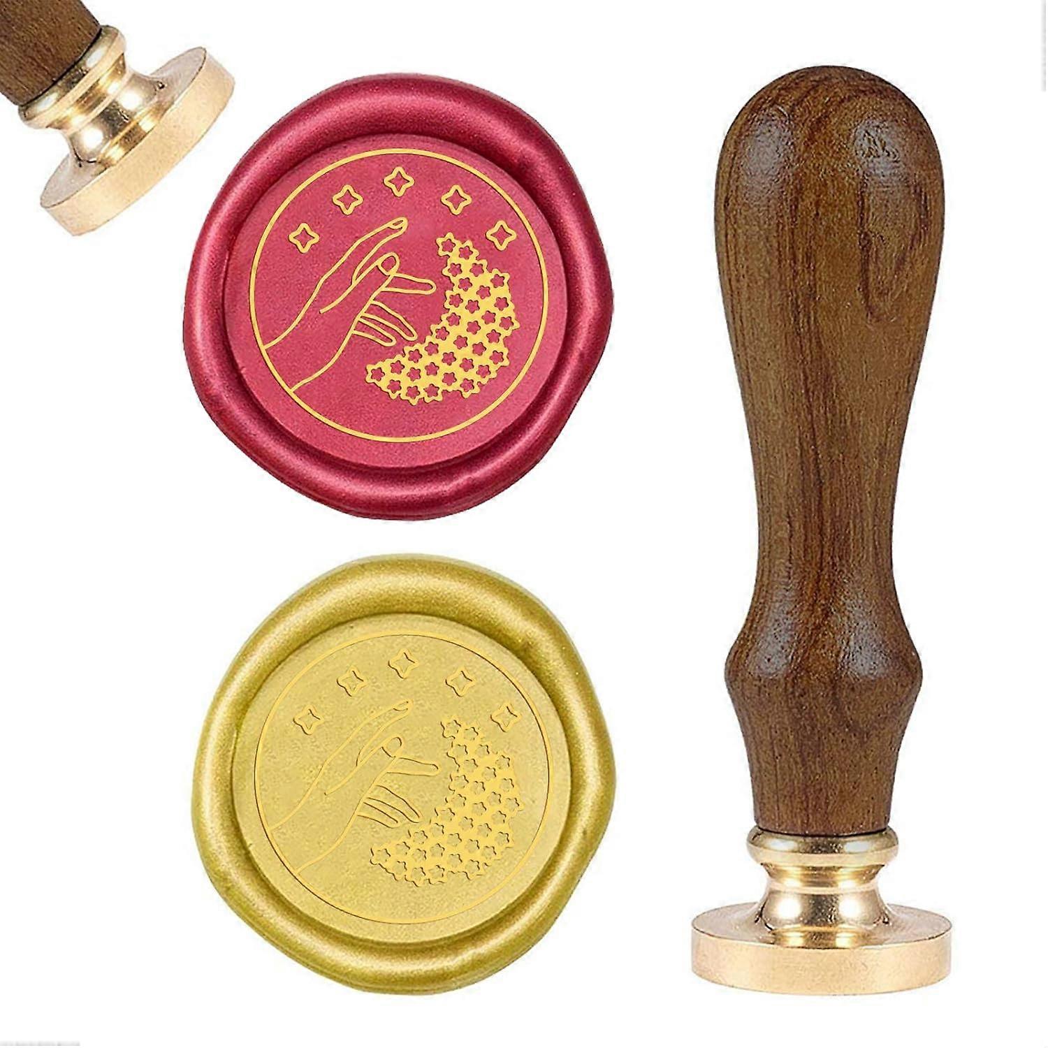 Hand Picking Stars Pattern Retro Wax Seal Stamp Sealing Wax Stamp for Envelopes Invitations Gift Card Bottle Decoration Wooden Handle 1inch Diameter G