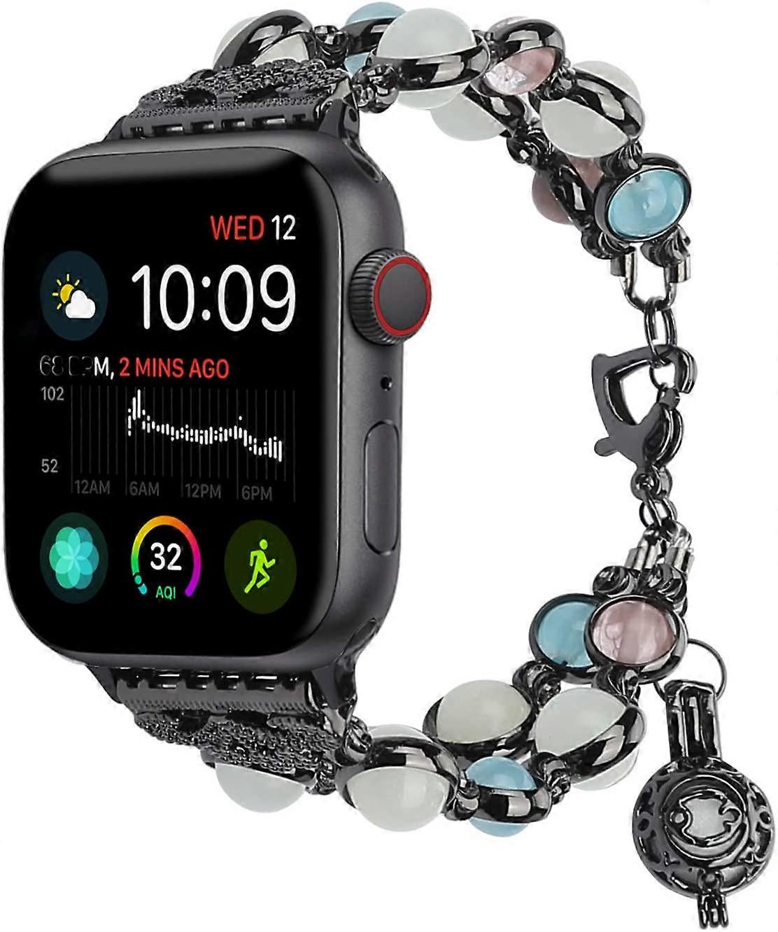 For Apple Watch Band 38/40mm Black Series 7 6 5 4 3 2 1&SE, Adjustable Wristband Handmade Night Luminous Pearl iWatch Bracelet with Essential Oil/Perf