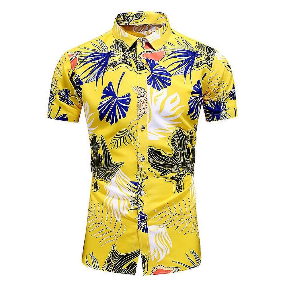 Men'S Botanical Print Pointed Collar Short Sleeve Beach Button Shirt