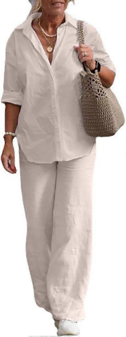 Bomuld linned bukser dragter kvinder 2 stykke linned outfits ensfarvet langærmet button down skjorte og brede ben buksesæt