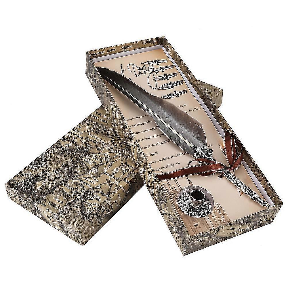 Black Feather Dip Quill Pen Writing Set - English Calligraphy Stationery Gift Box with 5 Nibs