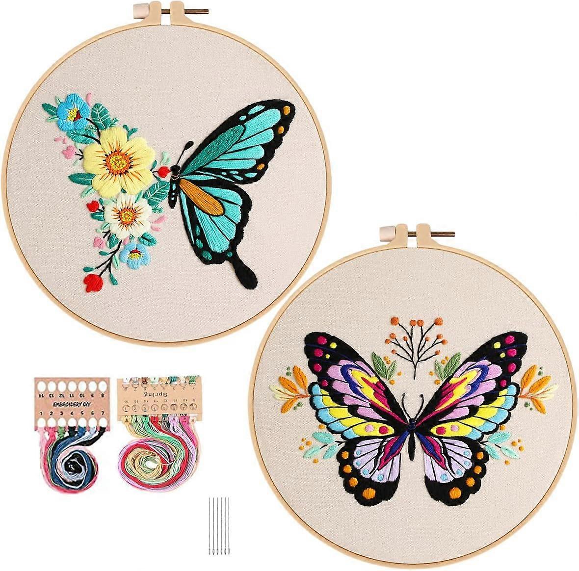 Butterfly Embroidery Kit with Flower Pattern, Printed Embroidery Starter Kit for Beginners Adults Set of 2