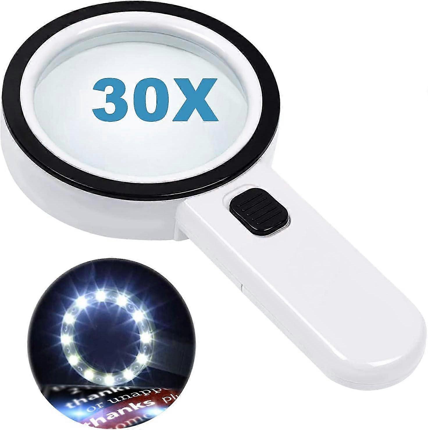 Μεγεθυντικός φακός ανάγνωσης με 12 φώτα LED, φακός διπλού γυαλιού με μεγέθυνση 30x. Για να διαβάζετε εύκολα κέρματα, γραμματόσημα, κάρτες. Ιδανικό σε περίπτωση εκφυλισμού της ωχράς κηλίδας