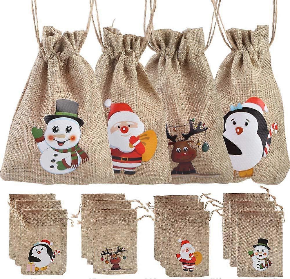 12 Christmas Jute Burlap Gaveposer poser med snøring Små godteri poser for Xmas Favors