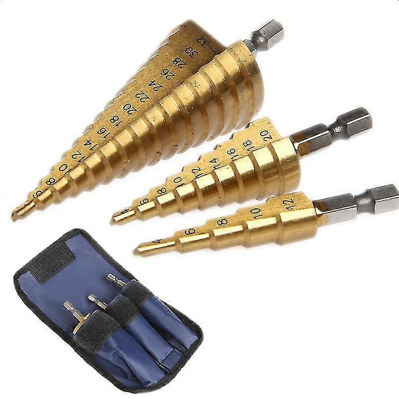 3pc Hss Step Cone Taper Drill Bit Set Hole Cutter Metric 4-12/20/32mm 1/4 Inch Titanium Coated Meta