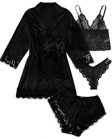Conjunto de 4 peças de pijama de renda para mulheres com camisola e camisola para mulheres