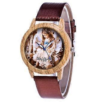 Quartz Cute Girl Dial Picture PU Leather Strap Wooden Outer Ring Watch (Brown)