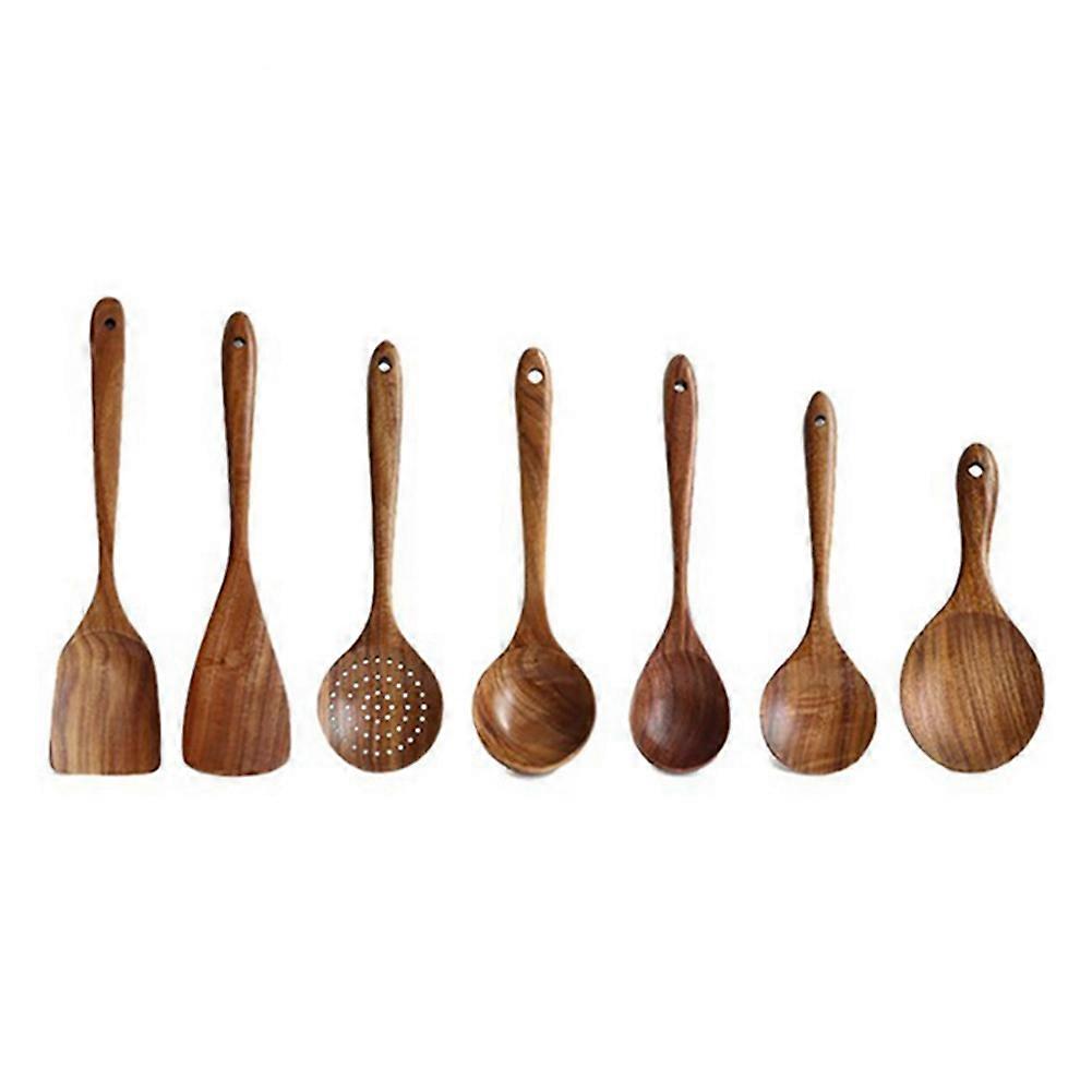 8Pcs Teak Tableware Spoon Colander Long Handle Spoon Wooden Non-Stick Special Spatula Kitchen Tool