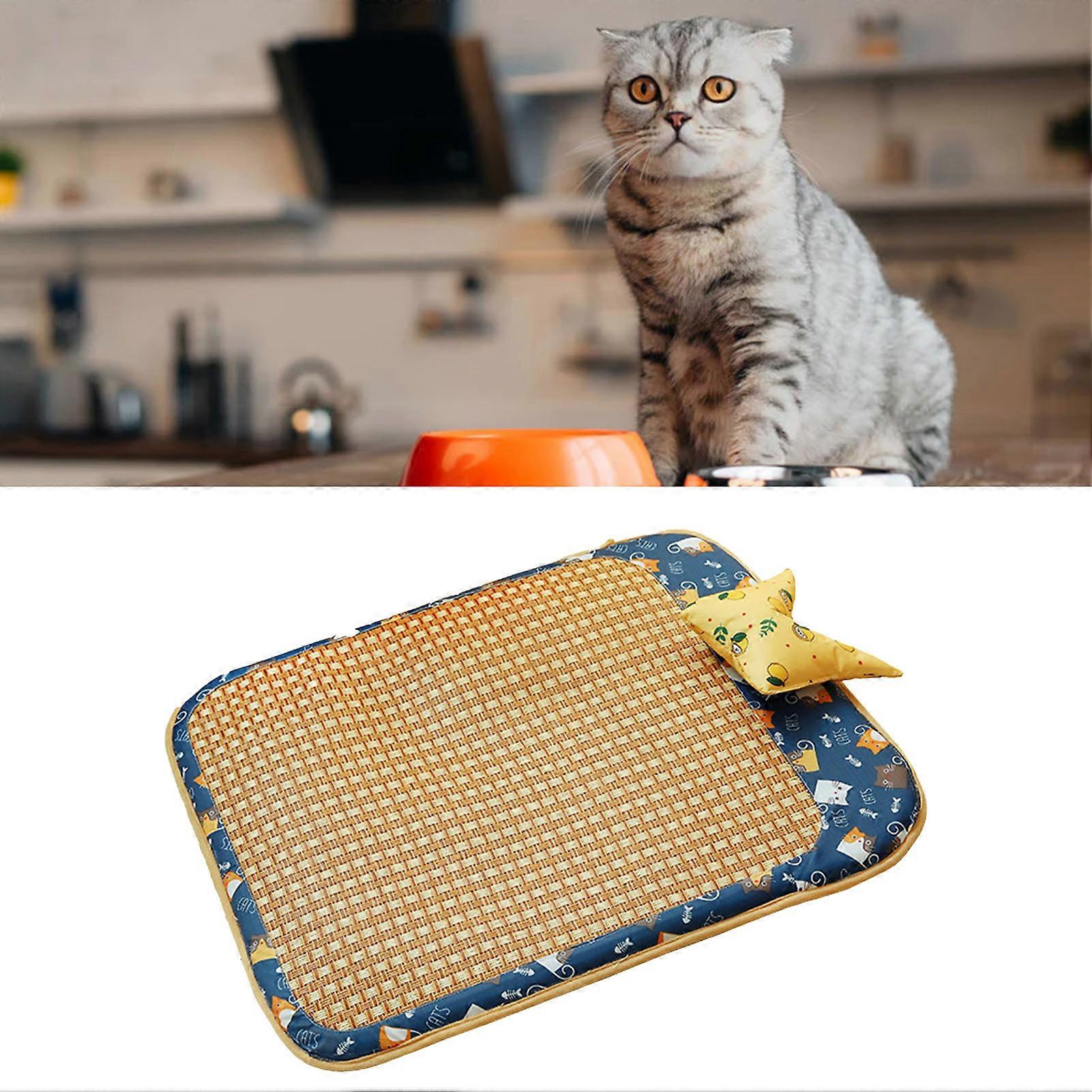Dog Rattan Cooling Mat Bite Resistant Comfortable Breathable Cat Cooling Mat for Summer M Blue